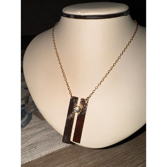 14K Plated Gold Hammered Bar Pendant Necklace with Cubic Zirconia Stone - Picture 9 of 10